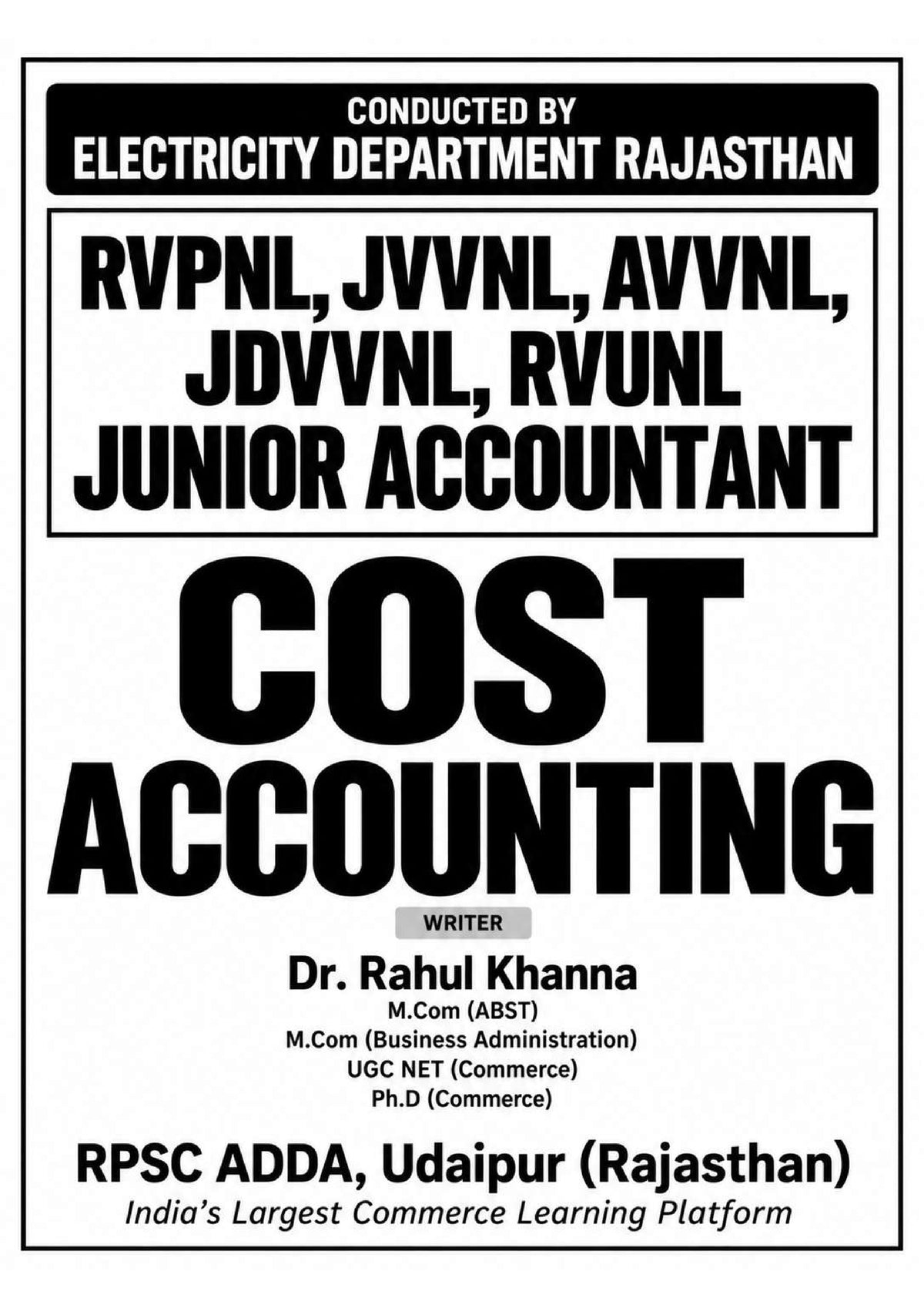 Rajasthan Electricity Department Junior Accountant - Cost Accounting Book (Latest 2026 Edition) | RVPNL, JVVNL, AVVNL | RPSC ADDA